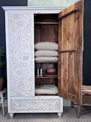Kirei Home White Hand Carved Mango Wood Wardrobe - Image 2 of 6