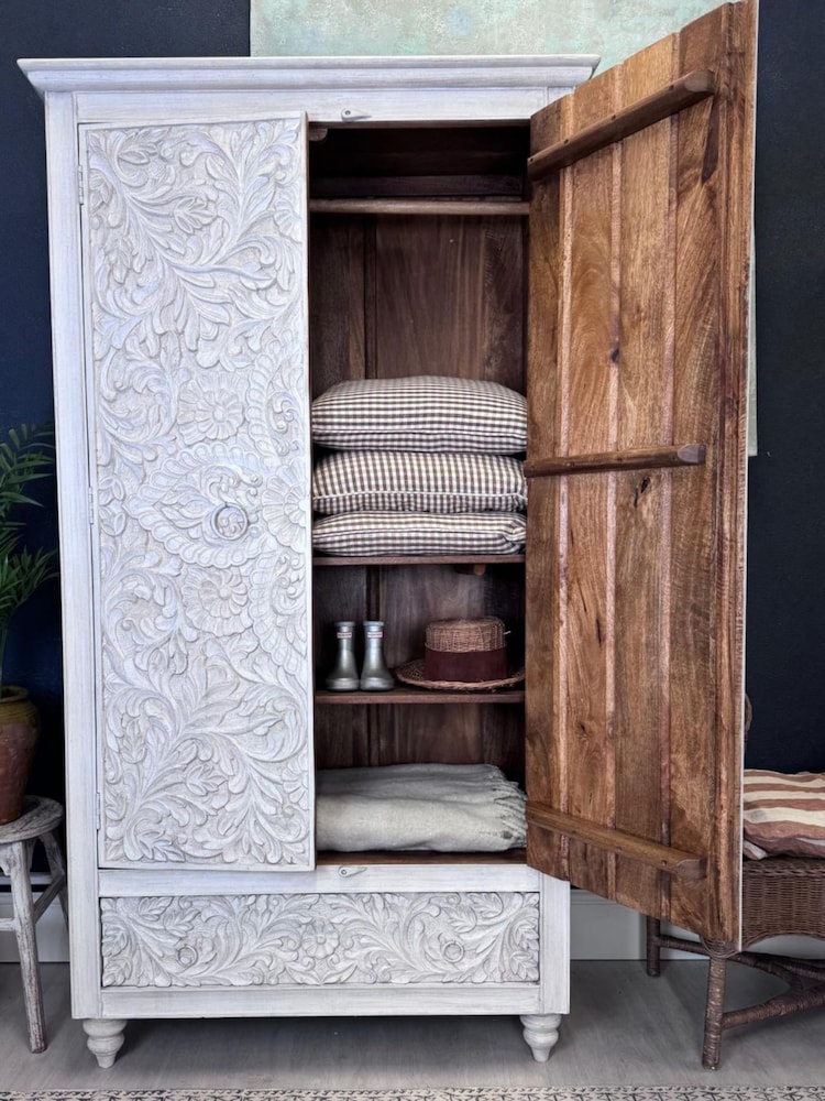 Kirei Home White Hand Carved Mango Wood Wardrobe - Image 2 of 6