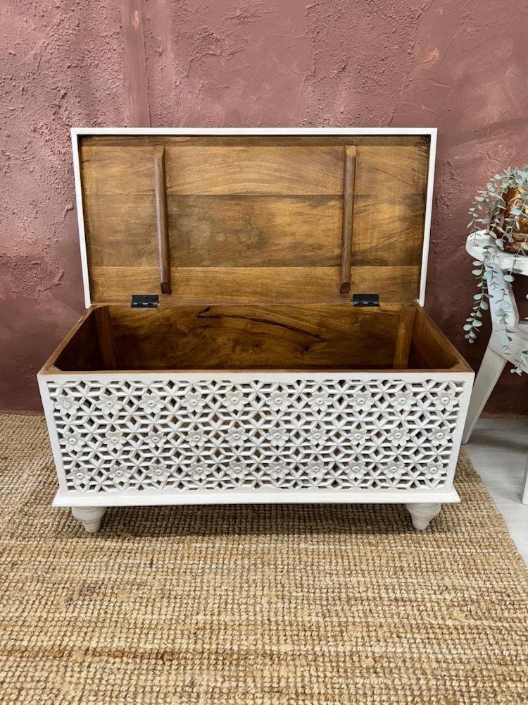 Kirei Home White Hand Carved Mango Wood Storage Box - Image 2 of 3