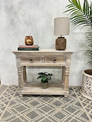 Kirei Home Cream Hand Carved Two Drawer Console Table - Image 1 of 4
