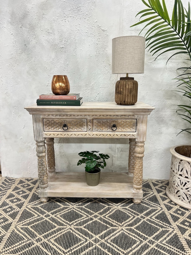 Kirei Home Cream Hand Carved Two Drawer Console Table - Image 1 of 4