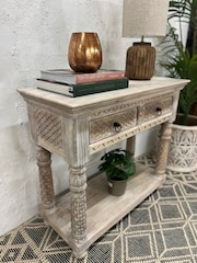 Kirei Home Cream Hand Carved Two Drawer Console Table - Image 2 of 4