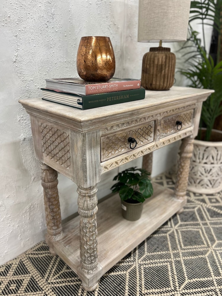 Kirei Home Cream Hand Carved Two Drawer Console Table - Image 2 of 4