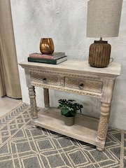 Kirei Home Cream Hand Carved Two Drawer Console Table - Image 3 of 4