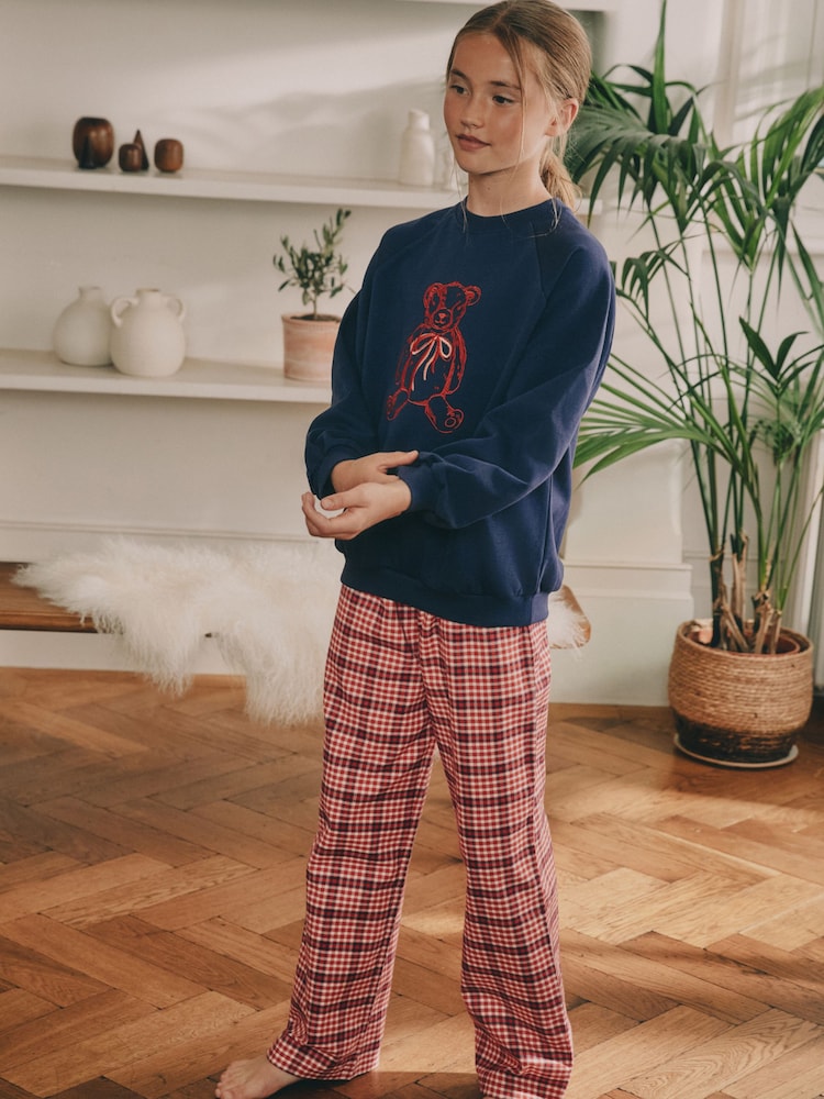 Navy/Red Check Bear Sweatshirt Pyjamas (2-16yrs) - Image 1 of 8