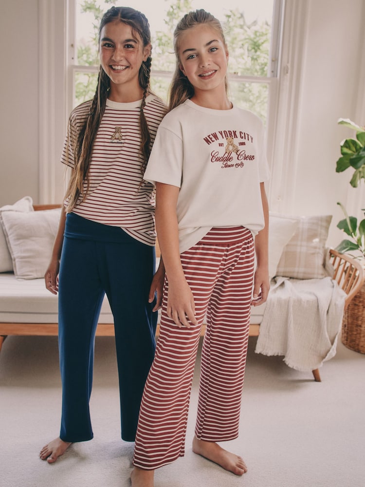 Burgundy/Ecru stripe bear Yoga Pant Style Pyjamas 2 Pack (4-16yrs) - Image 1 of 8