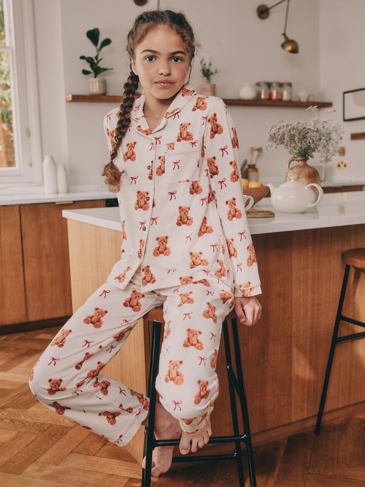 Ecru White Bear Print Button Through Pyjamas (3-16yrs) - Image 1 of 7