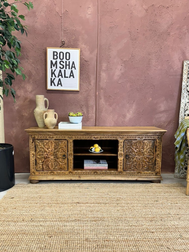 Kirei Home Natural Hand Carved Mango Wood TV Unit / Sideboard - Image 1 of 4