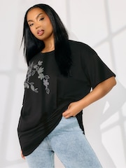 Yours Curve Black Sequin Relaxed 100% Cotton T-Shirt - Image 2 of 9