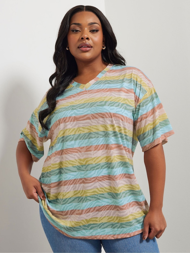Yours Curve Orange Striped T-Shirt - Image 1 of 6