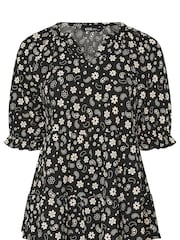 Yours Curve Black Floral Tierred Notch Neck T-Shirt - Image 5 of 5