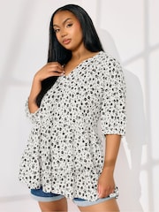 Yours Curve Black Tierred Notch Neck T-Shirt - Image 1 of 5