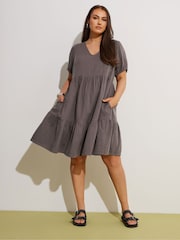 Yours Curve Brown Smock Cheesecloth Mini100% Cotton Dress - Image 1 of 5