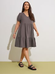 Yours Curve Brown Smock Cheesecloth Mini100% Cotton Dress - Image 2 of 5