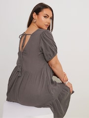 Yours Curve Brown Smock Cheesecloth Mini100% Cotton Dress - Image 4 of 5