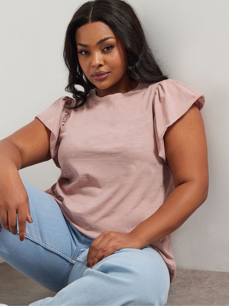 Yours Curve Pink Frill Sleeve Stud T-Shirt - Image 1 of 5