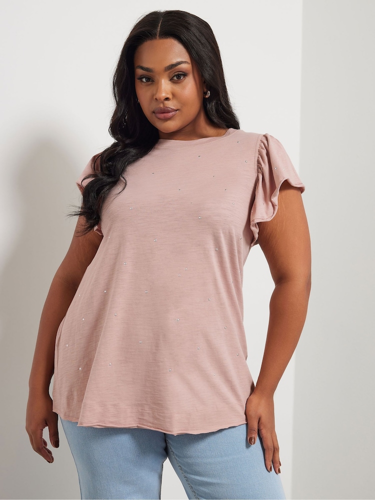 Yours Curve Pink Frill Sleeve Stud T-Shirt - Image 2 of 5