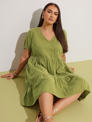 Yours Curve Green Smock Cheesecloth Mini100% Cotton Dress - Image 1 of 5