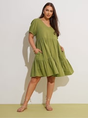 Yours Curve Green Smock Cheesecloth Mini100% Cotton Dress - Image 2 of 5