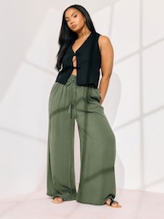 Yours Curve Green Chambray Pull On Wide Leg Trousers - Image 1 of 5