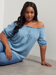Yours Curve Blue Button Chambray Bardot Blouse - Image 1 of 7