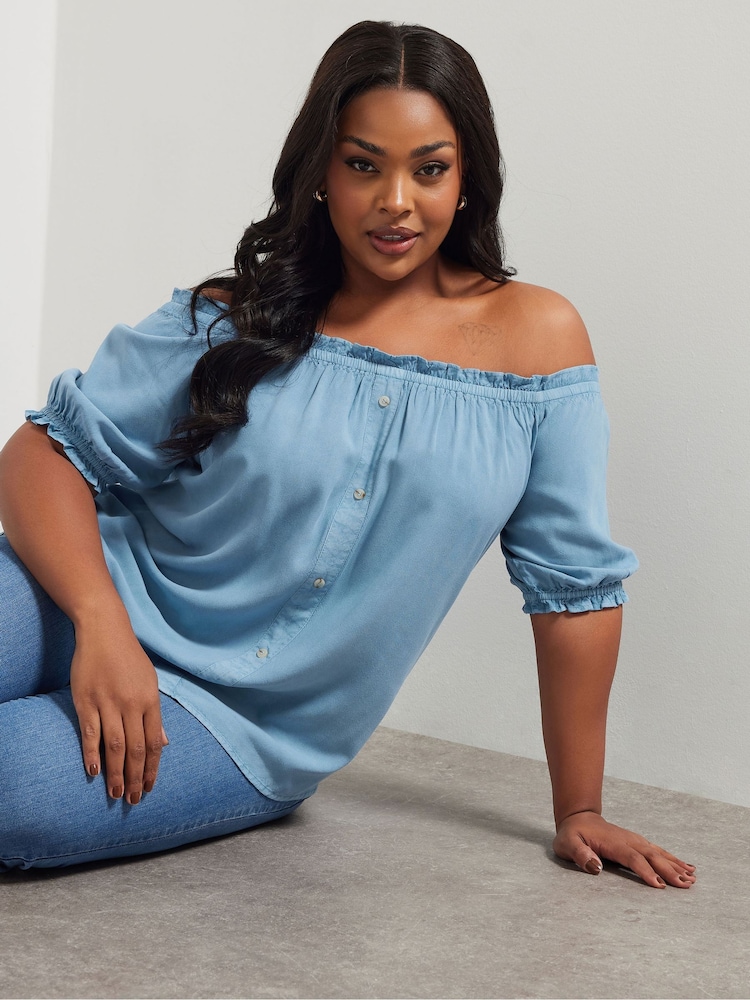 Yours Curve Blue Button Chambray Bardot Blouse - Image 1 of 7