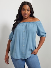 Yours Curve Blue Button Chambray Bardot Blouse - Image 2 of 7