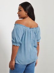Yours Curve Blue Button Chambray Bardot Blouse - Image 3 of 7