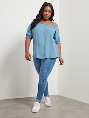 Yours Curve Blue Button Chambray Bardot Blouse - Image 4 of 7