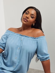Yours Curve Blue Button Chambray Bardot Blouse - Image 5 of 7