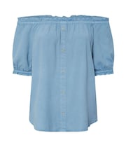 Yours Curve Blue Button Chambray Bardot Blouse - Image 6 of 7