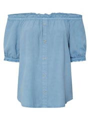 Yours Curve Blue Button Chambray Bardot Blouse - Image 7 of 7