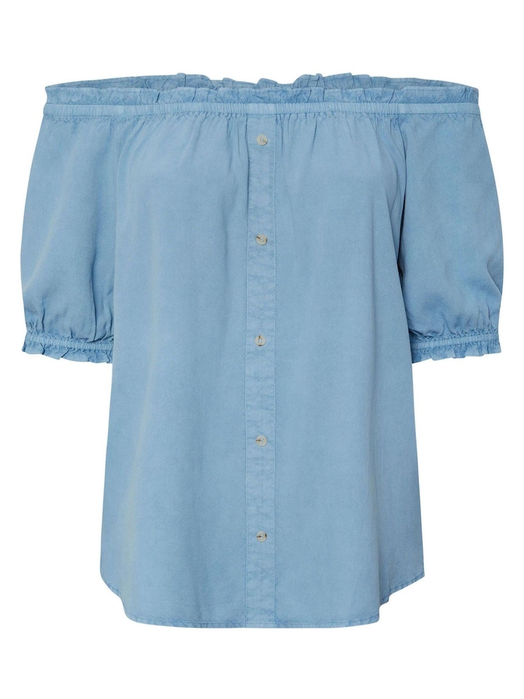 Yours Curve Blue Button Chambray Bardot Blouse - Image 7 of 7
