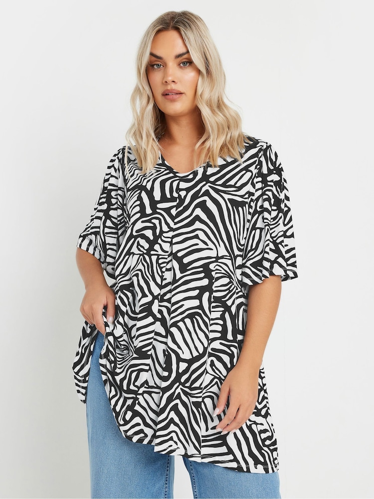 Yours Curve White Zebra Print Pleat Front T-Shirt - Image 1 of 4