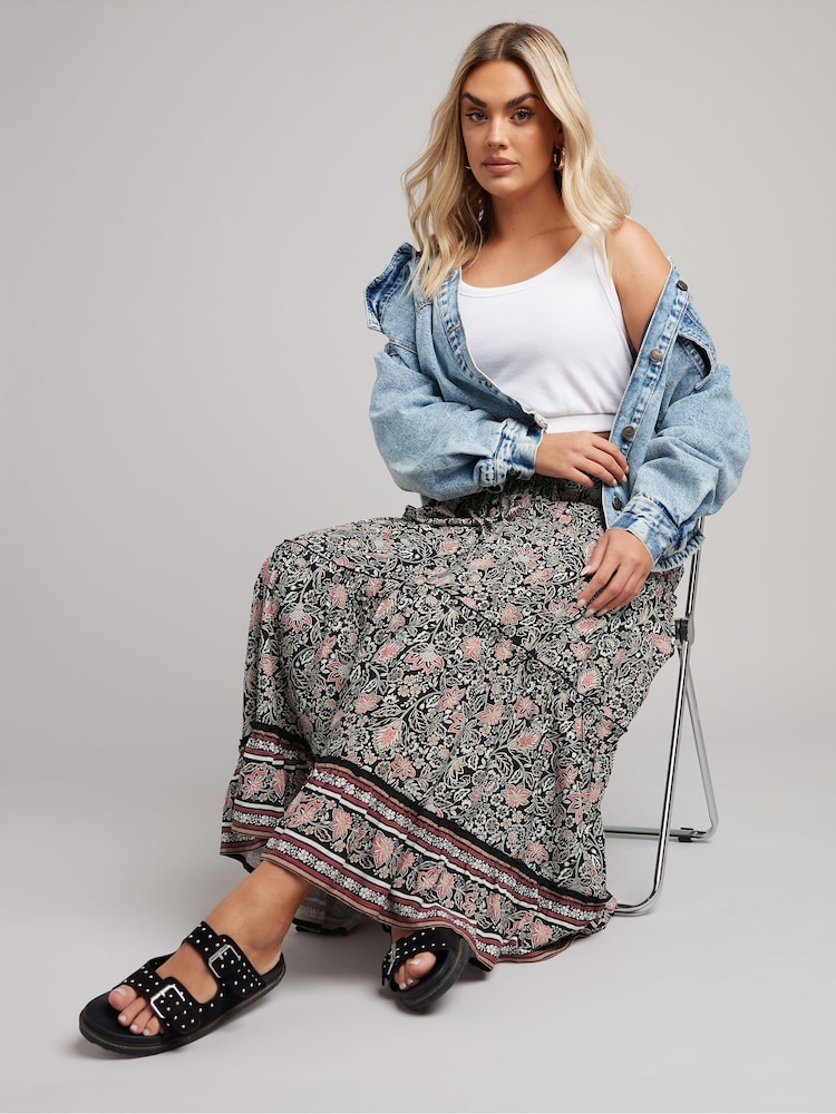 Yours Curve Black Tiered Boho Skirt - Image 1 of 6