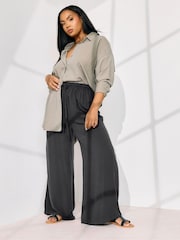 Yours Curve Black Chambray Pull On Wide Leg Trousers - Image 1 of 5