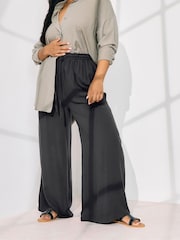 Yours Curve Black Chambray Pull On Wide Leg Trousers - Image 3 of 5