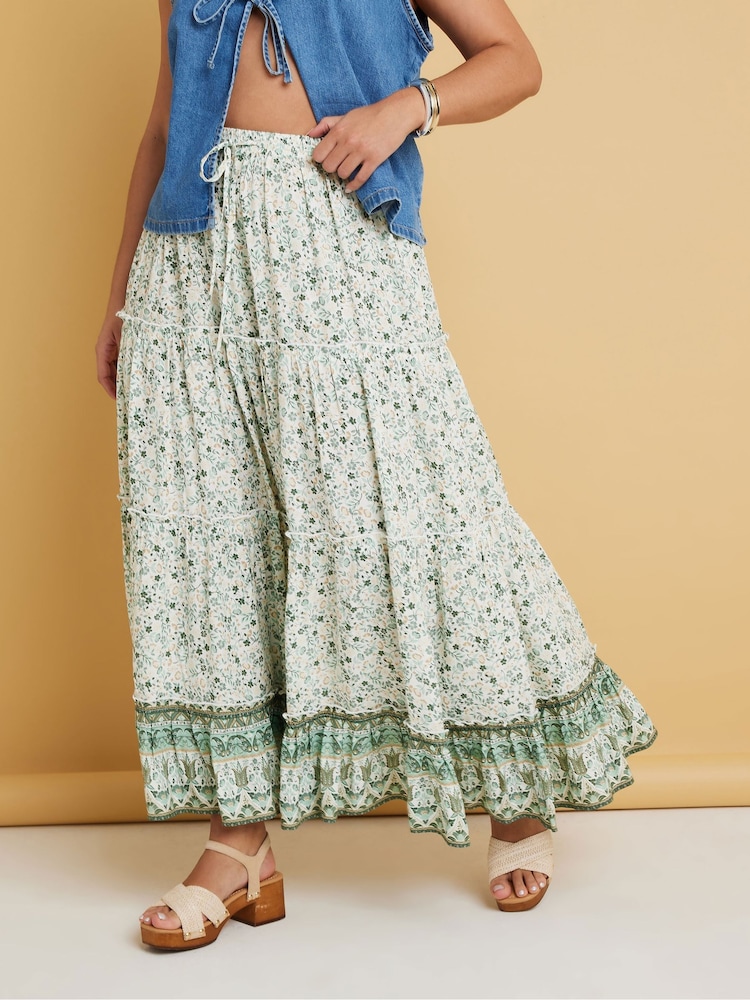 Yours Curve Green Tiered Boho Skirt - Image 2 of 10