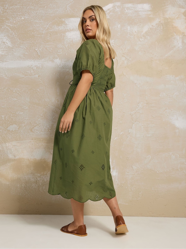 Yours Curve Green 100% Cotton Broderie Dress - Image 3 of 4