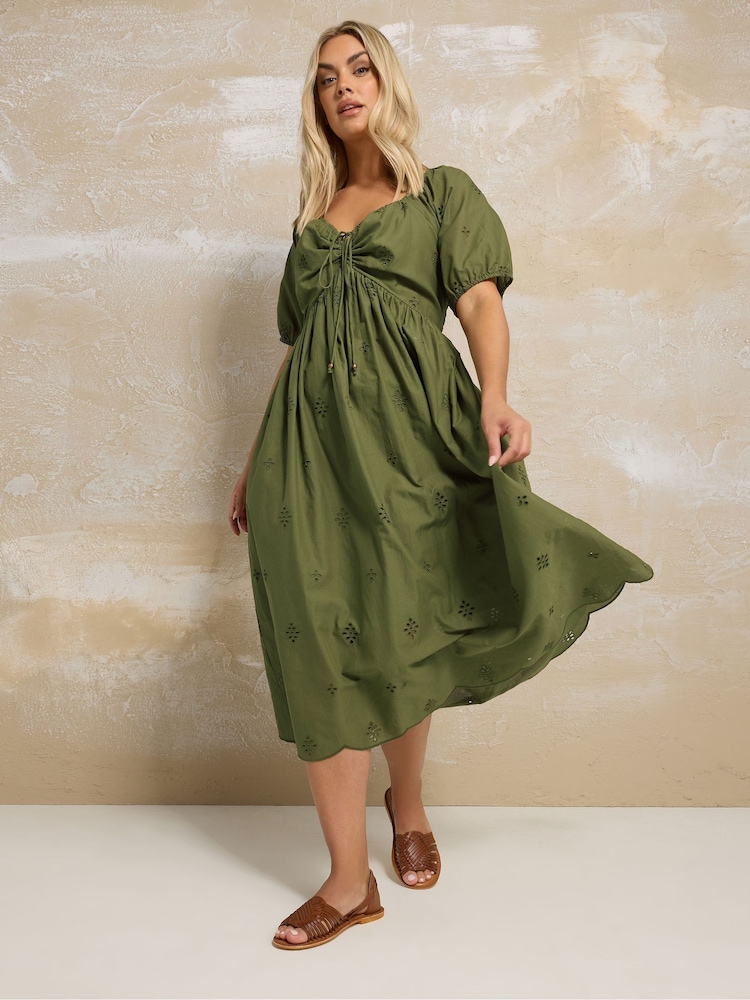 Yours Curve Green 100% Cotton Broderie Dress - Image 4 of 4