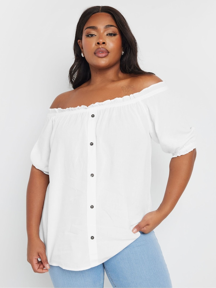 Yours Curve White Button Chambray Bardot Blouse - Image 1 of 5