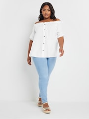 Yours Curve White Button Chambray Bardot Blouse - Image 2 of 5