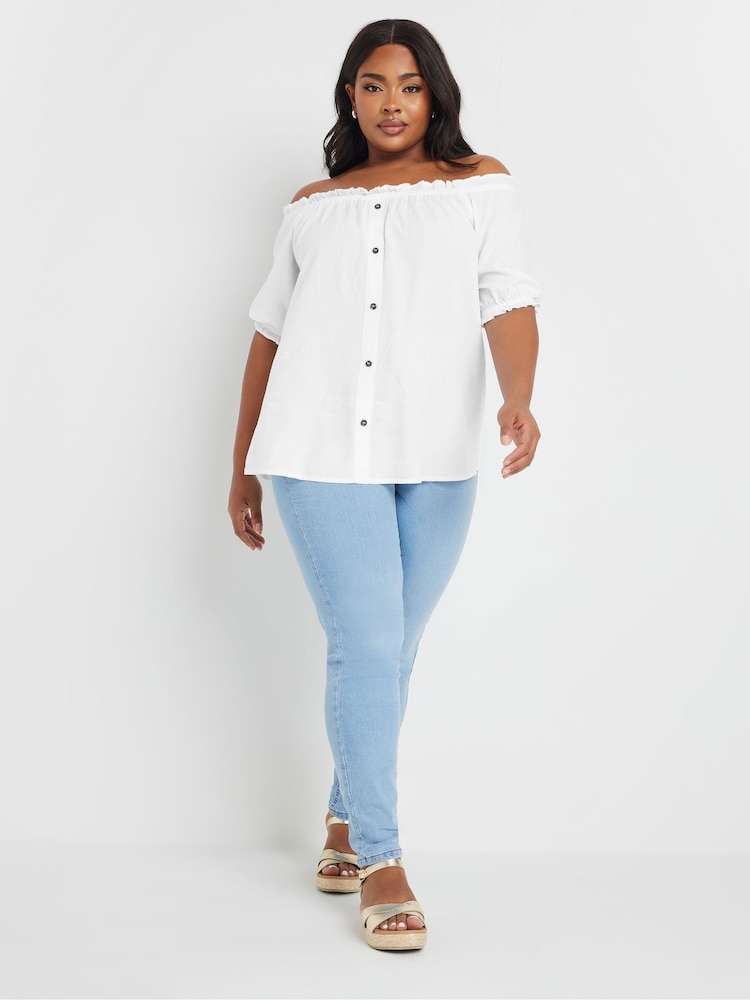 Yours Curve White Button Chambray Bardot Blouse - Image 2 of 5