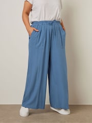 Yours Curve Blue Chambray Pull On Wide Leg Trousers - Image 1 of 5