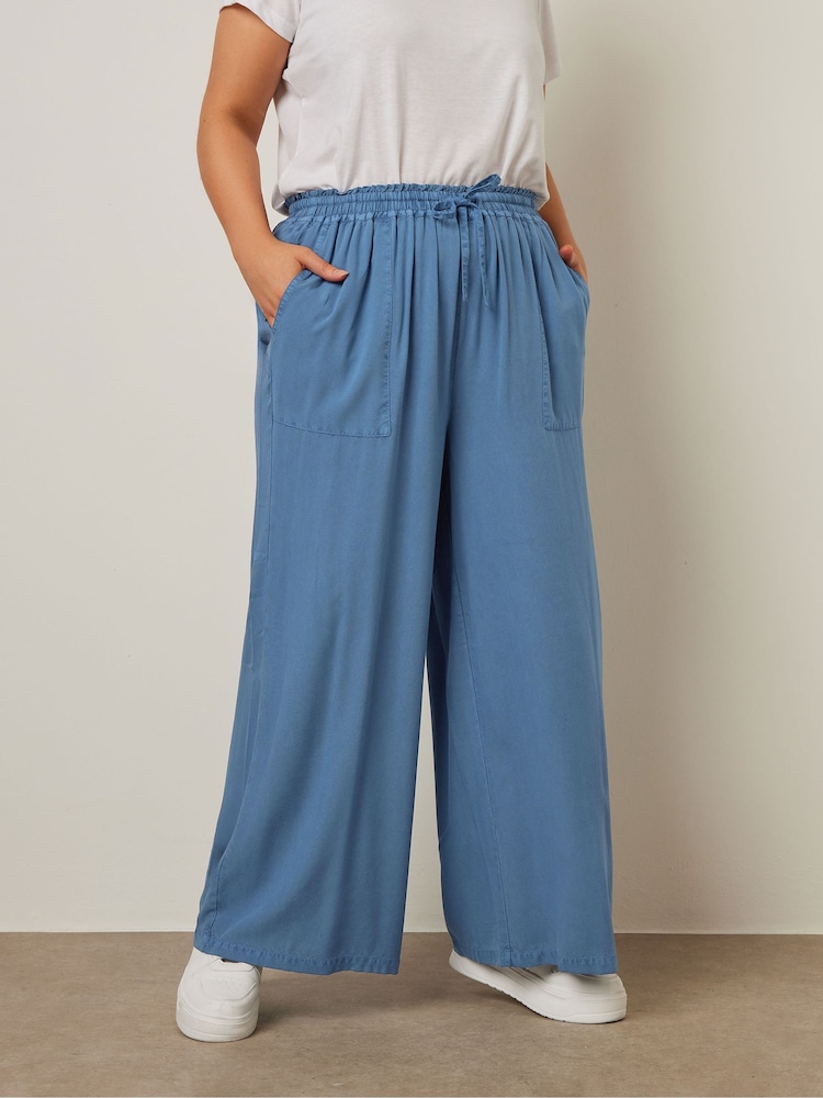Yours Curve Blue Chambray Pull On Wide Leg Trousers - Image 1 of 5