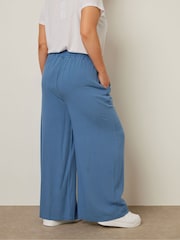 Yours Curve Blue Chambray Pull On Wide Leg Trousers - Image 2 of 5