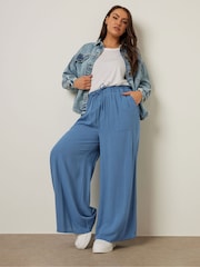 Yours Curve Blue Chambray Pull On Wide Leg Trousers - Image 3 of 5