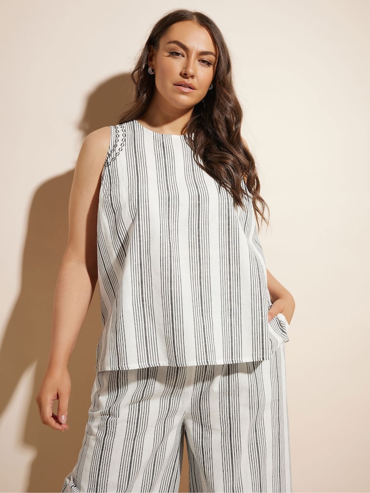 Yours Curve White Striped Embroided Vest - Image 1 of 5