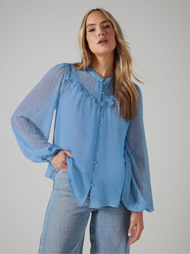 Long Tall Sally Blue Dobby Frill Blouse - Image 1 of 5