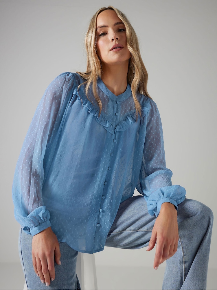 Long Tall Sally Blue Dobby Frill Blouse - Image 4 of 5